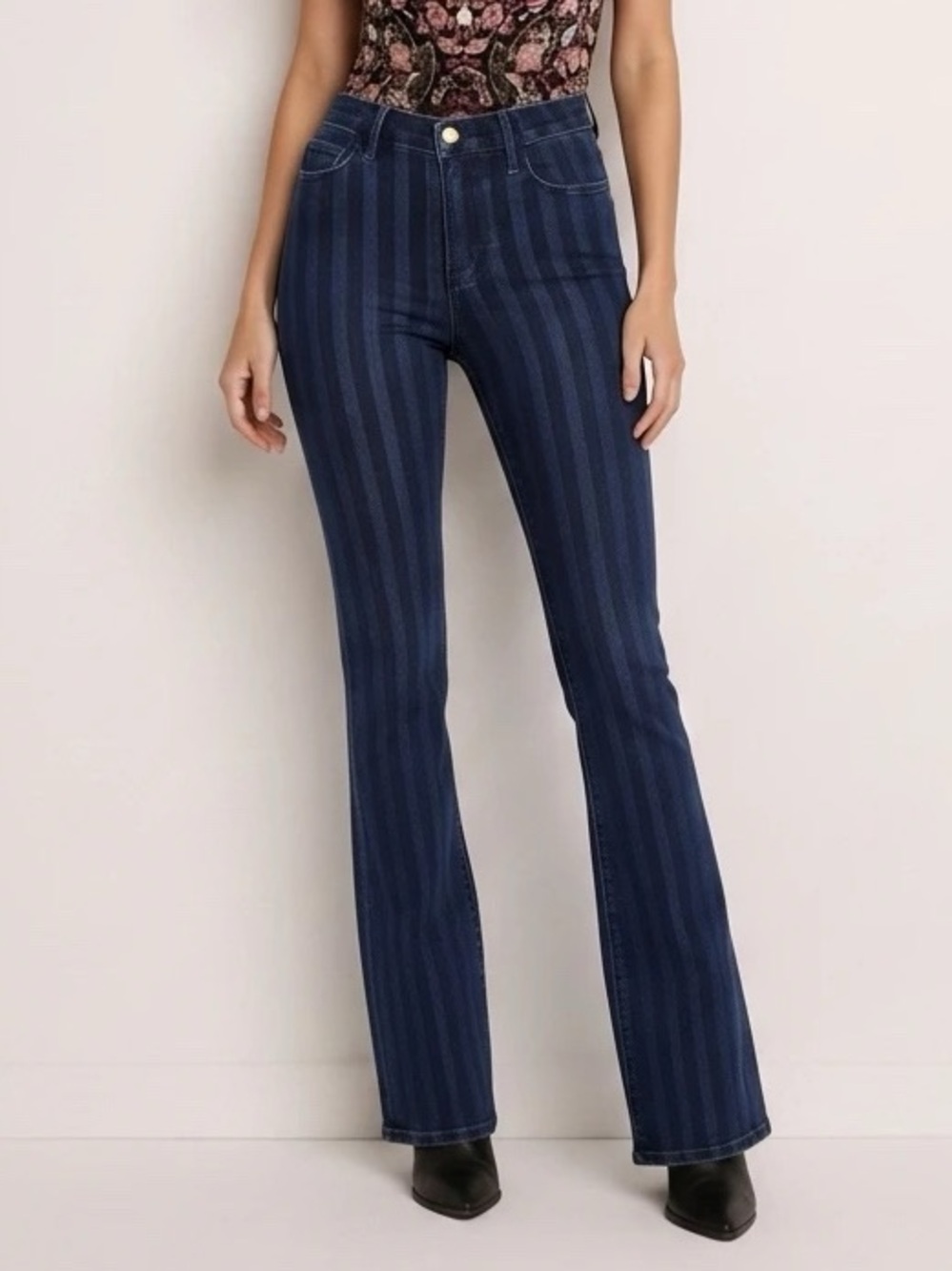 Frame Denim Striped High-Rise Jeans in Dark Blue and Black